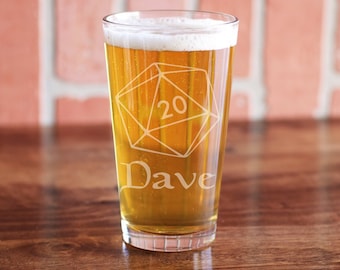 Personalized D20 Pint Glass, DnD Glass, DnD Gift, Gift for DM, Dungeon Master Gift, DnD Beer Glass, D20 Beer Glass