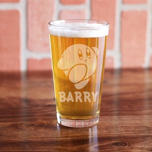 Kirby Pint Glass - Personalized Kirby&#39;s Adventure Beer Glass - Etched Kirby&#39;s Dreamland Glass, Kirby Gift, Kirby Beer Glass
