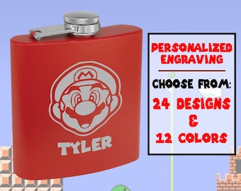 Super Mario Flask, Engraved Mario Flask, Personalized Mario Brothers Gift, Red Flask, Personalized Super Mario Gifts