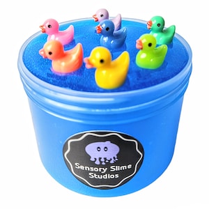 May include: A blue container of slime with a black label that says "Sensory Slime Studios".  There are seven colorful rubber duckies floating in the slime.