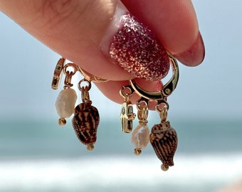 MARI 14k Gold Plated Earhoops with Freshwater Pearls, Natural Seashells and Hamsa Charm