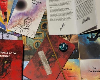May include: An Oracle of the Seekers card deck set featuring a red box with a lion illustration, a guidebook, and various colorful oracle cards. A rectangular red mat displays a selenite crystal, a thin wooden stick, and a teal polyhedral die.