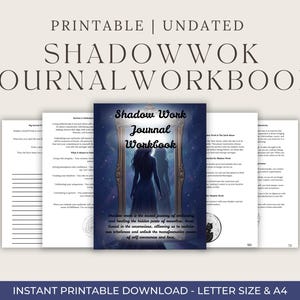 May include: A printable, undated Shadow Work Journal Workbook. The cover features a woman's silhouette in a mirror, with the title "Shadow Work Journal Workbook." The pages are white with black text. The bottom of the image reads "Instant Printable Download - Letter Size & A4."