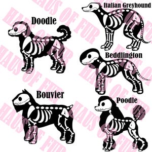 May include: A graphic illustration featuring five black dog silhouettes with white skeletal structures overlaid. The dogs are labeled Doodle, Italian Greyhound, Bedlington, Bouvier, and Poodle. The background contains repeating light pink text.