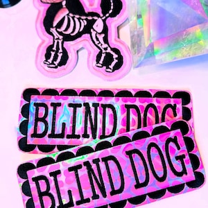 Może przedstawiać: Różowy i czarny brelok w kształcie szkieletu pudla oraz dwie prostokątne naszywki z czarnym napisem "BLIND DOG". Naszywki mają różowo-fioletowe marmurowe tło i czarną, falistą obwódkę. Widoczny jest również przezroczysty kryształowy pryzmat.