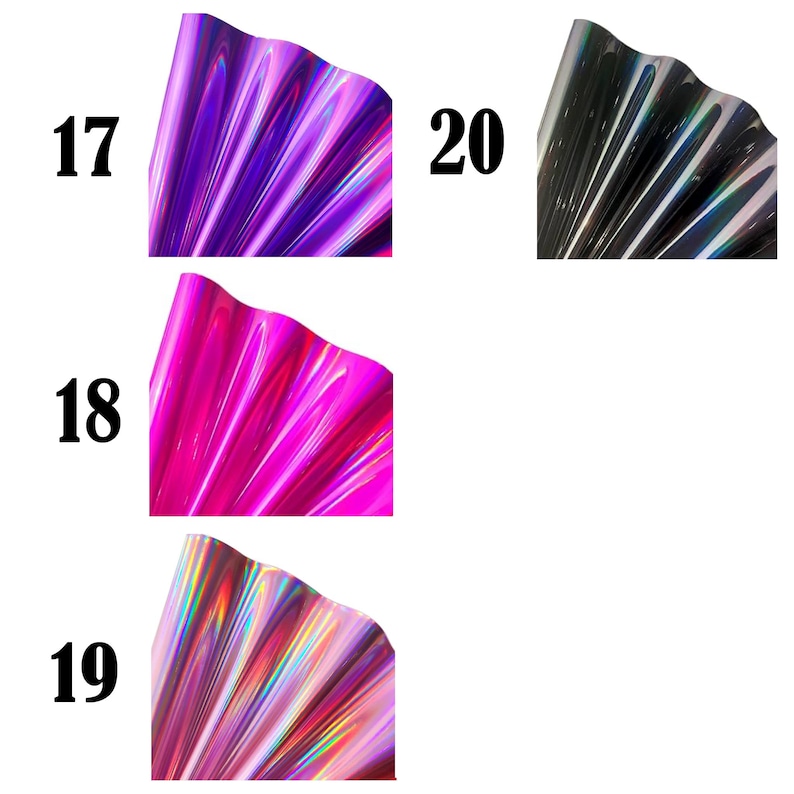 May include: Four sheets of iridescent film labeled 17, 18, 19, and 20. Sheet 17 is purple, 18 is bright pink, 19 is a light pink with rainbow reflections, and 20 is a dark grey with metallic highlights. Each sheet has a wavy, pleated texture.
