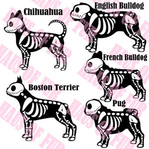 May include: A digital graphic featuring five black dog silhouettes with white skeletal structures overlaid. The breeds labeled are Chihuahua, English Bulldog, French Bulldog, Boston Terrier, and Pug. The text Haus of Fur is repeated in the background.