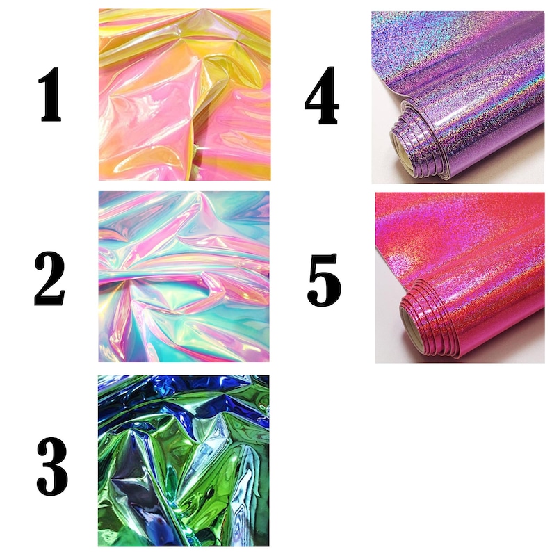 May include: Five rolls of craft vinyl sheets labeled one through five. Numbers one, two, and three show crinkled, iridescent, metallic surfaces in yellow-pink, blue-pink, and green-blue. Numbers four and five show purple and pink glitter rolls.