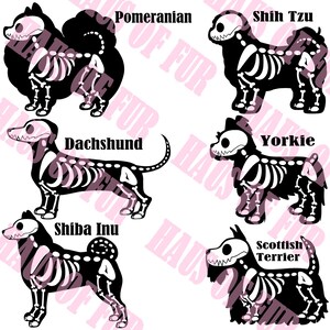 May include: A digital graphic featuring six black dog silhouettes with white skeletal overlays. The breeds labeled are Pomeranian, Shih Tzu, Dachshund, Yorkie, Shiba Inu, and Scottish Terrier. The background contains a repeating light pink text watermark.