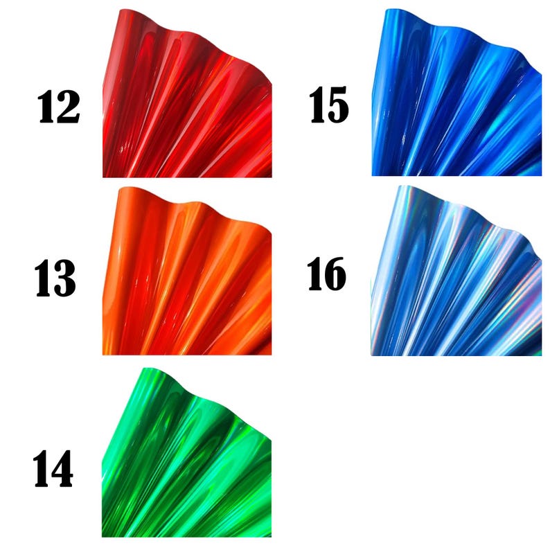 May include: A collection of five sheets of metallic, wavy-textured film labeled with numbers 12 through 16. The colors include red, orange, green, blue, and a light blue iridescent finish, each displaying a reflective, glossy surface quality.