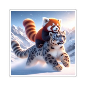 Red Panda Riding a Snow Leopard Thru a Blizzard - Square Sticker