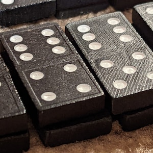 1 Full Set of Double-6 Dominoes, Full size, Black and White, with Card Suite Symbols (Heart, Diamond, Spade, Ace) on Reverse