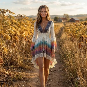 May include: A long-sleeved dress featuring a deep V-neckline, a cinched waist with a drawstring, and a high-low hemline with fringe trim. The fabric displays a gradient pattern transitioning from white to blue, pink, and orange with intricate dark blue details.