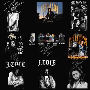 May include: A black background collage featuring multiple images of J. Cole, including concert photos, album art for The Fall Off, and various portraits. The design incorporates text such as 1985, Born Sinner, 2014 Forest Hills Drive, KOD, The Off-Season, and J. Cole signatures.