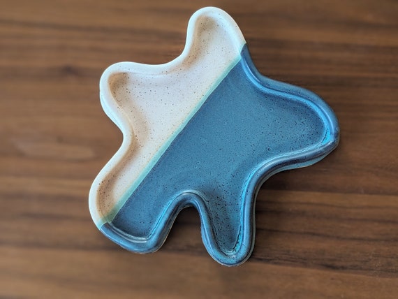 Ceramic Wave Tray:Tranquil Stream Glaze | Moody Blues Collection | Jewelry, Ring, Trinket, or Candle Dish, Pottery, Vanity, Entryway, Coffee