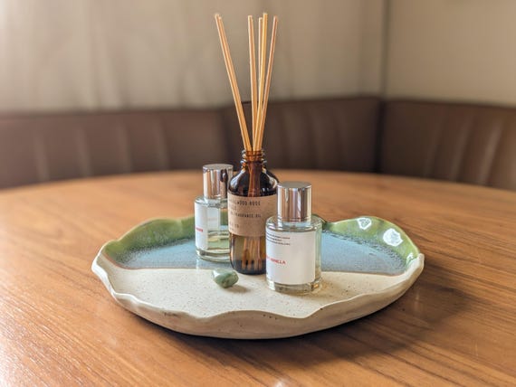 Extra Large | Organic Edge Ceramic Platter: Tropical Lagoon & Oatmeal Spice | Handcrafted Serving Dish or Vanity Tray, Coffee Table Entryway