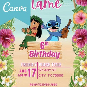 Lilo and Stitch Birthday Invitation | Editable Hawaiian Party Invite Template | Luau Birthday Digital Download – Easy to Personalize