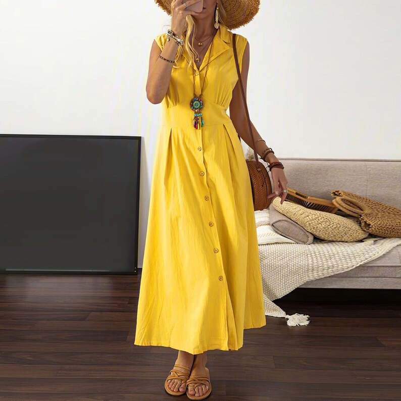 Casual Women Solid Cotton Linen Sleeveless Dress 2023 Summer image 4