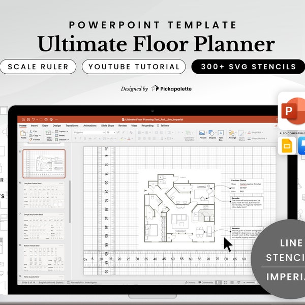 Ultimate Floor Planner | Imperial | Line | Design House Apartment Floor Plan Interior Layout with 300 Furniture Stencils in PowerPoint Easy