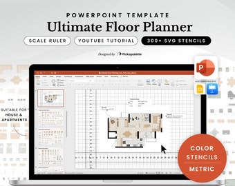 Ultimativer Bodenplaner | Metrisch | Farbe | Design Haus Wohnung Grundriss Innenansicht mit 300 Möbel Schablonen in Power Point Easy