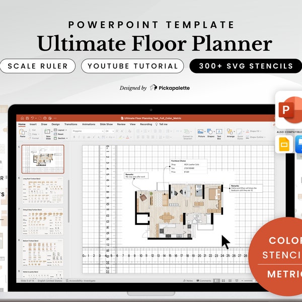 Ultimate Floor Planner | Metric | Color | Design House Apartment Floor Plan Interior Layout with 300 Furniture Stencils in PowerPoint Easy