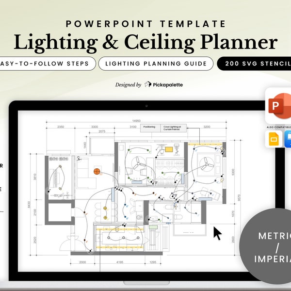 Licht- & Deckenplaner | Gestalten Sie professionelle Lichtplan-Layout mit 200 Lichtschalter Leuchte Montage Schablonen in Power Point Easy