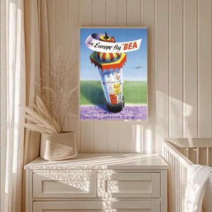 Pôster vintage de 1948 da Bea Airlines, arte de parede retrô de viagem pela Europa, impressão de aviação de meados do século