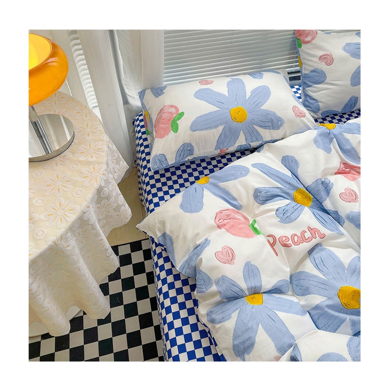 Blue Flowers&Strawberry Cotton Duvet Cover Set,Blue plaid Bed shops Sheet,cottagecore Floral Reversible Comforter Cover,Full Queen King Bedding