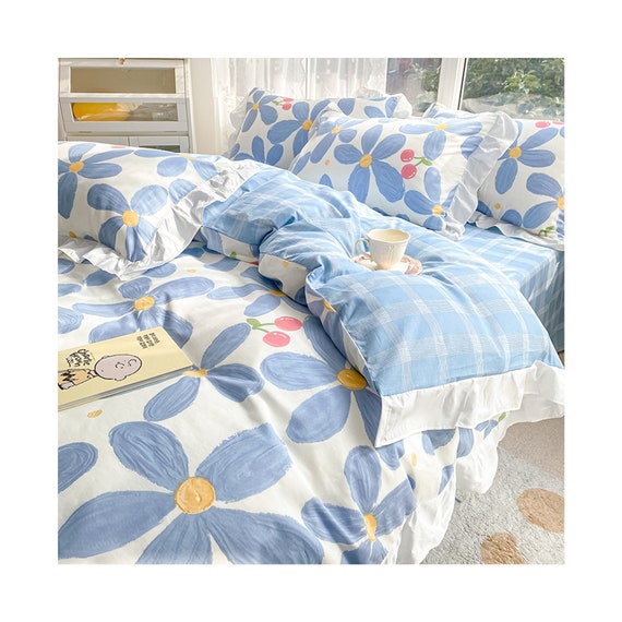 Blue Floral 100 Cotton Duvet Cover Set Cherry Floral Bedding Etsy