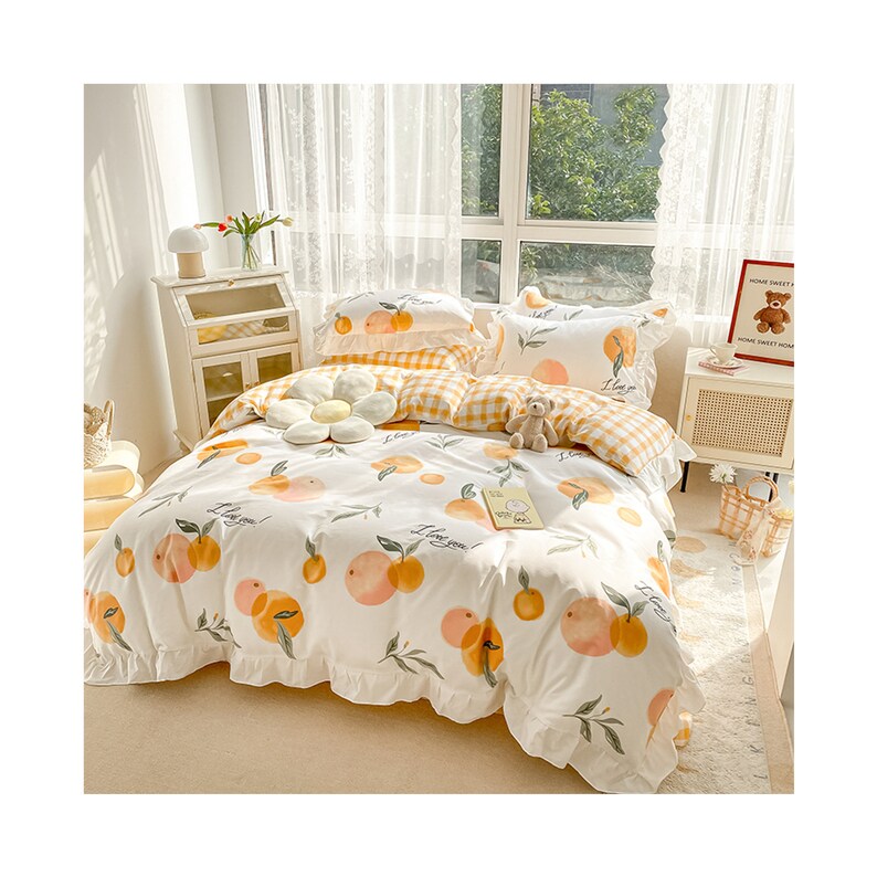 Cottagecore Bedding Setcute Girls Orange Printed Ruffied Etsy
