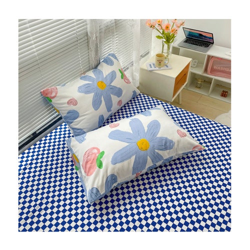 Blue Flowers&Strawberry Cotton Duvet Cover Set,Blue plaid Bed shops Sheet,cottagecore Floral Reversible Comforter Cover,Full Queen King Bedding