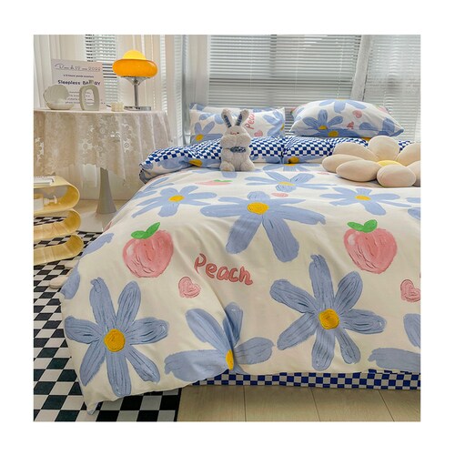 Blue Flowers&Strawberry Cotton Duvet Cover Set,Blue plaid Bed shops Sheet,cottagecore Floral Reversible Comforter Cover,Full Queen King Bedding