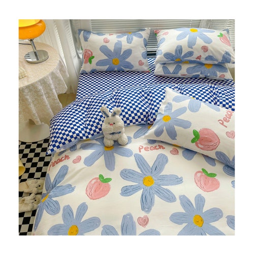Blue Flowers&Strawberry Cotton Duvet Cover Set,Blue plaid Bed shops Sheet,cottagecore Floral Reversible Comforter Cover,Full Queen King Bedding