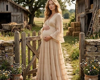 Vestido largo de maternidad, vestido de gasa para embarazadas, vestido plisado para baby shower, vestido bohemio para fiestas de maternidad, conjunto para sesión de fotos
