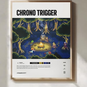 May include: A framed poster featuring the text "CHRONO TRIGGER" in bold black letters. The artwork depicts a pixelated scene of characters around a campfire in a forest. The poster includes the date "11th March 1995" and the SquareSoft logo.