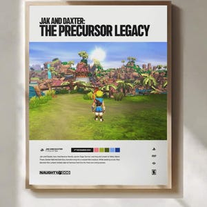Könnte beinhalten: Gerahmtes Poster für das Videospiel "Jak and Daxter: The Precursor Legacy". Das Poster zeigt eine lebendige Landschaftsszene aus dem Spiel, mit dem Titel oben. Der untere Teil enthält Spieldetails und das Naughty Dog-Logo.