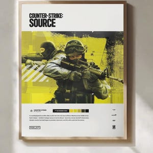 May include: A framed poster for the video game "Counter-Strike: Source." The poster features two soldiers in combat gear, holding rifles, against a yellow and black background. The game's title is at the top.