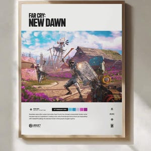 May include: A framed poster for the video game "Far Cry: New Dawn." The artwork shows a post-apocalyptic scene with characters in combat, set against a backdrop of a windmill and colourful landscape. The game's title is prominently displayed at the top.
