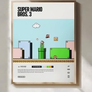 Könnte beinhalten: Gerahmtes Poster mit Super Mario Bros. 3. Das Kunstwerk zeigt eine klassische Videospielszene mit pixeligen Charakteren, blauem Himmel und grünen Rohren. Das Poster enthält den Spieletitel und das Nintendo-Logo.