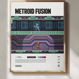 May include: Framed poster featuring the video game "Metroid Fusion." The poster displays pixelated game scenes with a character in a suit. The title "METROID FUSION" is printed in bold, black letters at the top. The Nintendo logo is at the bottom.