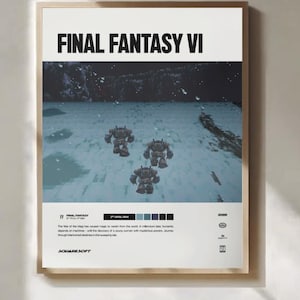 Pode incluir: Um pôster emoldurado de Final Fantasy VI. O título está em texto preto grande no topo. Abaixo, uma imagem pixelizada mostra três robôs em uma paisagem nevada. O pôster inclui detalhes do jogo e o logotipo SquareSoft. A moldura é marrom claro.