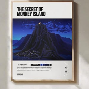 May include: A framed poster featuring the text "THE SECRET OF MONKEY ISLAND" at the top. The artwork depicts a pixelated mountain scene under a starry night sky. The poster has a wooden frame.