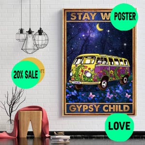 Póster de pared para niños gitanos que se quedan en el coche hippie