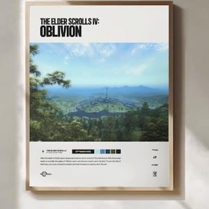 May include: A framed poster for "The Elder Scrolls IV: Oblivion" video game. The poster features a landscape view of a city with a tall tower, set against a blue sky. The title is at the top, with game details at the bottom.