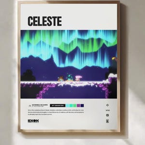 Könnte beinhalten: Ein gerahmtes Poster mit dem Titel "CELESTE" in Schwarz. Das Bild zeigt eine pixelige Landschaft mit einem grünen und blauen Nordlicht. Das Poster enthält Text und eine Farbpalette. Der Rahmen ist hellbraun.