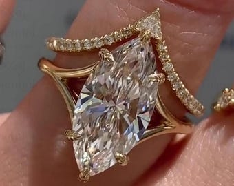 4 CT Marquise Cut Verlobungsring Set Vintage Moissanite Solitaire Ring Set mit einzigartigem 14K Solid Gold Passender Ehering, Braut Set