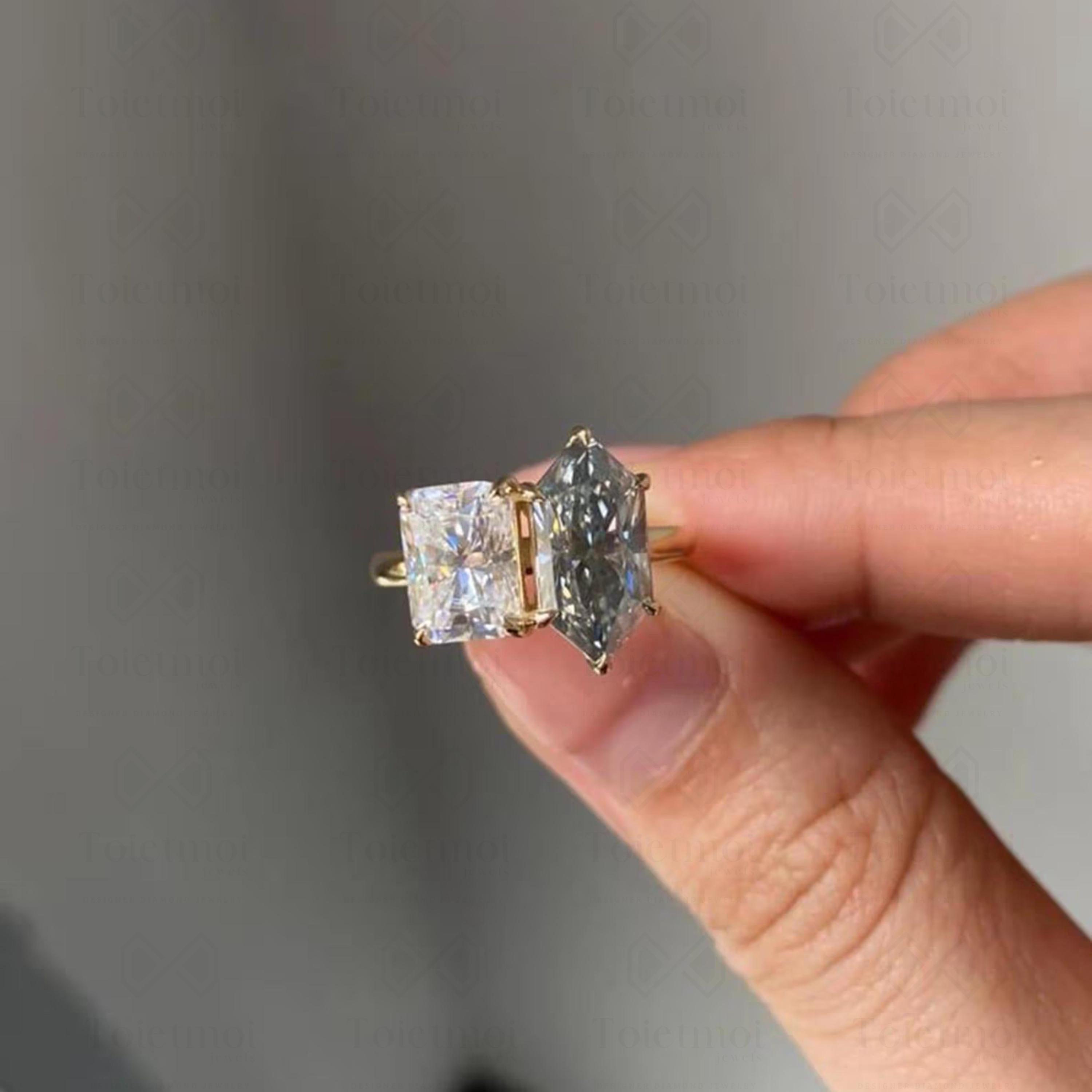 Toi Et Moi Radiant & Grey Dutch Marquise Cut Moissanite Engagement Ring, 14K Gold Ring Two Stone Ring For Women marquise engagement ring