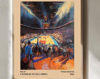Póster de baloncesto inspirado en los Knicks, impresión artística impresionista del Madison Square Garden, decoración de pared deportiva.