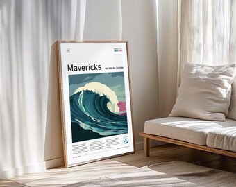 Puede incluir: Una impresión artística enmarcada que presenta una representación estilizada de una gran ola oceánica. La obra de arte, titulada "Mavericks", muestra una ola en tonos azules y blancos, con un matiz rosado. La impresión se exhibe en un marco de madera de color claro.