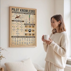 May include: A framed poster titled "PILOT KNOWLEDGE" with aviation diagrams and text. The poster includes sections on airplane parts, ATC light signals, runway lights, the banking scale, and aircraft marshalling hand signals. The poster is in a light brown frame.